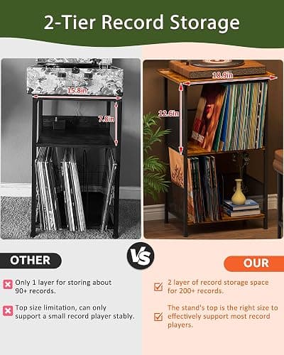 Honkazita Record Player Stand 3-Tier, Vinyl Record Storage up to 200 Albums, Record Player Table Vinyl Holder, Space-Saving Turntable Stand End Table for Bedroom & Living Room thumbnail 3