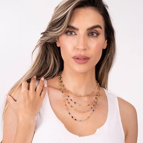 Barzel 18K Gold Plated Multicolor Stone Crystal Oval Necklace for Women - Made In Brazil thumbnail 4