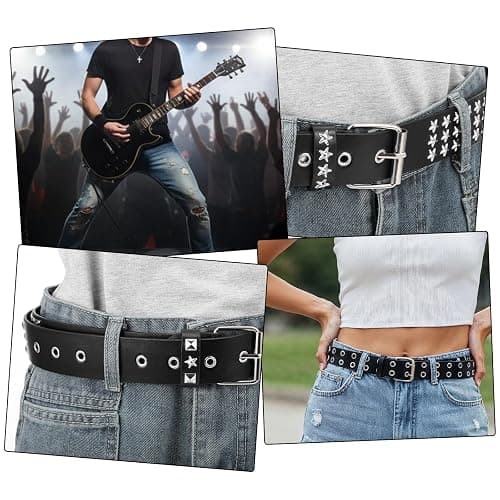 Leooomap 6Pcs Studded Belt Set for Men & Women - Punk Gothic Rivet Faux Leather Belts with Double Grommet, Square Studs, Small & Large Star Designs Adjustable Waist Belt for Jeans Costume Party Gift thumbnail 6