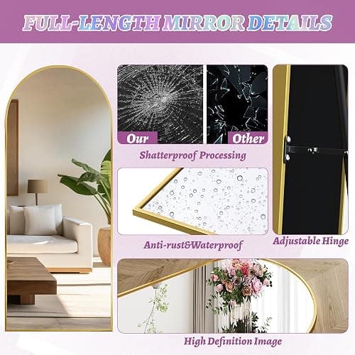 Full Length Mirror, 57"x19" Arched Floor Mirror Freestanding, Floor Standing Full Body Mirror with Stand for Bedroom, Hanging Mounted for Living Room Cloakroom, Gold thumbnail 5
