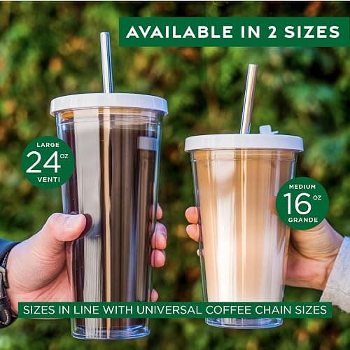 Reusable Iced Coffee Cup (24 Oz/Venti), Leak Proof and Double Wall Insulated Iced Coffee Tumbler, Come with Reusable Plastic and Metal Straws and Straw Cleaner - White thumbnail 3