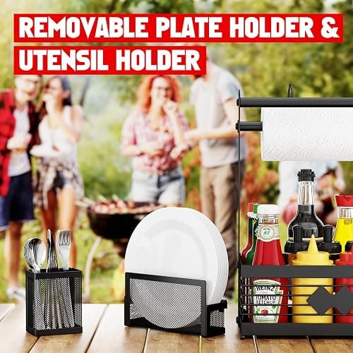 Grill Caddy for Outdoor Grill, BBQ Caddy with Camping Paper Towel Holder and Plate Holder, Picnic Utensil Condiment Kitchen Organizer for Camper, RV Patio Tailgate Essentials, Grilling Gifts for Men thumbnail 6