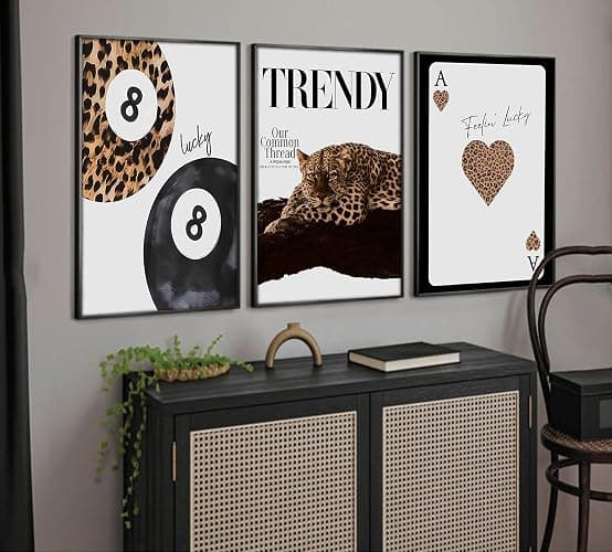 Set of 3 Black Leopard Print Wall Art Funky Lucky 8 Ball Poster Prints Preppy Room Aesthetic Cheetah Pictures Wall Decor for Girls Bedroom Apartment Dorm Home Decoration Unframed 12x16in thumbnail 6