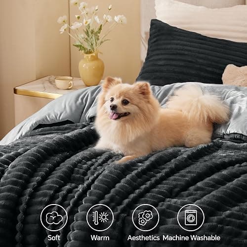 BEDELITE Fleece King Comforter Set -Super Soft & Warm Fluffy Black Bedding, Luxury Fuzzy Heavy Bed Set for Winter with 2 Pillow Cases - Black - King thumbnail 3
