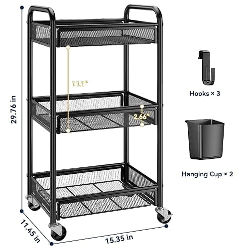  3 Tier Rolling Cart – Metal Utility Storage Carts with Wheels, Craft Cart Organizer with Hanging Cups, Hooks, Mesh Basket for Bedside Kitchen Office Art, Black thumbnail 2