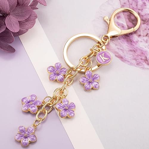 XGALBLA White Pink Black Cute Initial Letter Keychain for Women, Flower Bag Charms Enamel Keyring for Handbag Backpack thumbnail 5