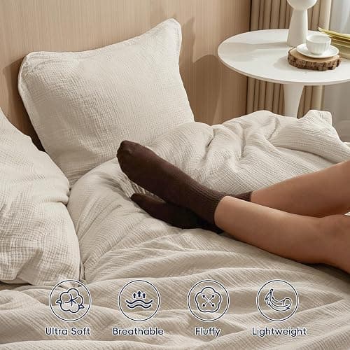 PHF Cotton Muslin Comforter Set King – 100% Cotton Cover, Ultra Soft & Breathable, 3PCS Lightweight All-Season Bedding with Polyester Fill, 1 Comforter 104"x90" & 2 Pillow Shams 20"x36", Natural thumbnail 5