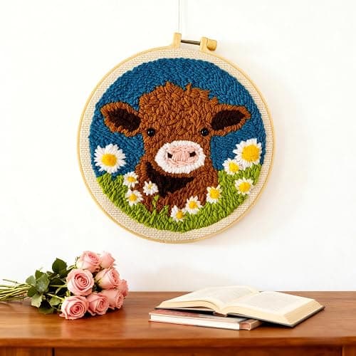 DIY Punch Needle Kits for Beginners Cute Cartoon Highland Cow with Daisy Flower with Hoop Embroidery Punch Needle Starter Craft Set Easy for Adults and Children Festival Gift and Decoration 20x20cm-1 thumbnail 5