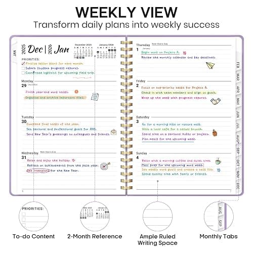 2026 Planner, Weekly and Monthly Calendar Planner Book, January 2026 - December 2026, Hardcover Spiral Planner with Monthly Tabs, Notes Pages, Perfect for Women & Men, A5 (6.4" x 8.5") - Lavender thumbnail 4