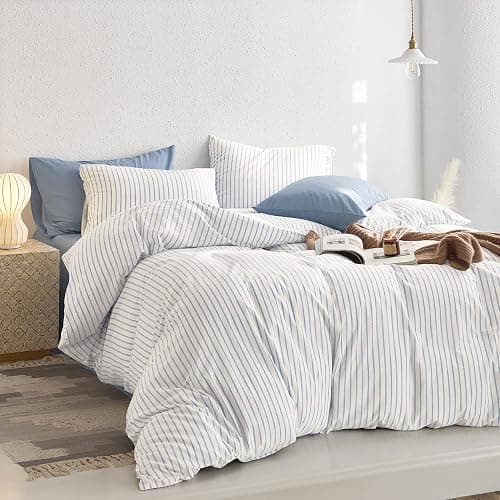 Wake In Cloud - Striped Cotton Duvet Cover Set, Ticking Stripe Vertical Pinstripe Farmhouse, 100% Washed Cotton Textured Percale Bedding Set, 3 Pieces, Blue White, Twin Size thumbnail 4