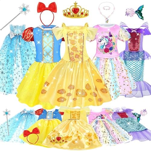 Dreamon Robe Princesse Fille, 5 Thèmes Deguisement Princesse Fille 3 4 5 Ans avec Cape Sceptre Couronne Costume Cadeaux d'anniversaire Carnaval pour Enfants - Image 1