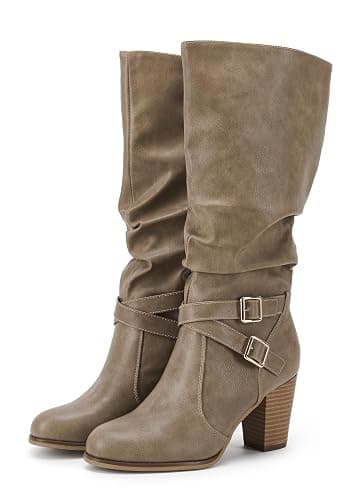 Ermonn Womens Mid Knee High Boots Chunky Heel Slouchy Metal Buckle Side Zipper Fashion Winter Shoes - Image 1