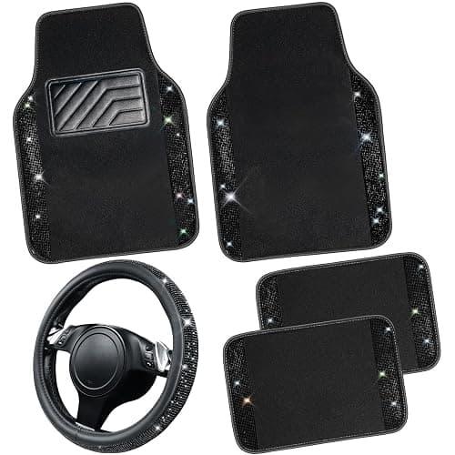 CAR PASS Bling Diamond Leather Steering Wheel Cover 14.5in-15in Floor Mats Shining Rhinestone Carpet Sparkly Glitter Crystal Anti-Slip Pad Fit Automotive SUV Pickup Truck Girl Women, 5pcs Black - Image 1