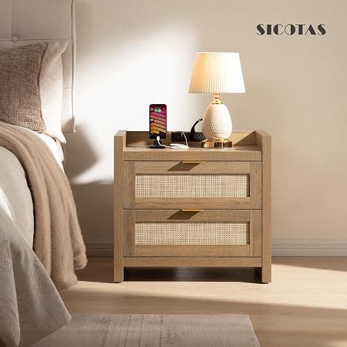 SICOTAS Night Stand Set of 2 - Rattan Nightstands with Type-C Charging Station, 2 Rattan Drawers - Boho Bed Side Tables End Table for Small Space - Natural Oak thumbnail 6