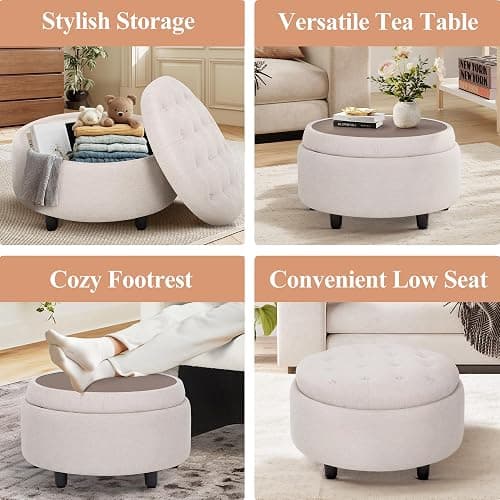 COLAMY Fabric Round Storage Ottoman with Reversible Tray Lid – Multi-Functional Footrest, Hidden Storage, Sturdy & Stylish Small Coffee Table for Living Room, Bedroom, or Entryway(Beige) thumbnail 3