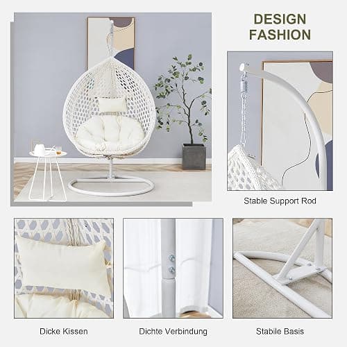 Hanging Egg Chair Outdoor Indoor,Wicker Swing Egg Chair with Stand, 300lbs Capacity for Bedroom Patio Garden Balcony Yard (White) thumbnail 5