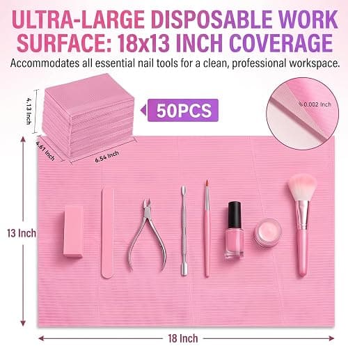 Makartt 50 Pcs Pink Disposable Nail Mats, 18"x13" Waterproof | 3-Ply Absorbent Nail Mat with PE backing, Foldable for Easy Storage, Ideal for Salon, Tattoo, and Home DIY Manicure thumbnail 8