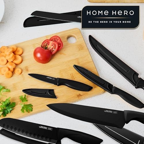 Home Hero Kitchen Knife Set with Sheath Covers - High Carbon Stainless Steel Kitchen Knives with Ergonomic Handles & Ceramic Coating, Nonstick Ceramic Knife Set with Chef Knife (12 Pcs - Black) thumbnail 2
