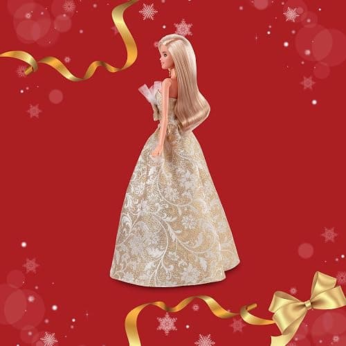 Barbie Signature 2025 Holiday Blonde Fashion Doll Wearing Silver & Gold Gown, Seasonal Collector in Displayable Packaging & Stand thumbnail 10