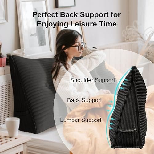 homecozy Wedge Headboard Pillow Dorm Room Reading Pillow Back Support for Sitting Up in Bed Bolster Lumbar Cushion Body Positioning Bedrest Corduroy (Black, Twin (39 * 8 * 20in)) thumbnail 4