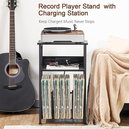 AMHANCIBLE Record Player Stand with Charging Station, Turntable Stand with Storage Cabinet, 3 Tier End Table Hold Up to 100 Albums, Record Stand for Vinyl, Living Room, Black, HETCD01BK-1 thumbnail 4