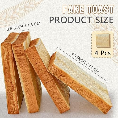 Yatinkim 4 Pcs 4.3 Inch Fake Toast Slices Realistic Artificial Bread Decoration Faux Loaves Soft Bread Dessert Simulation Food Model for Home Kitchen Bakery Display Birthday Party Photography Props thumbnail 3