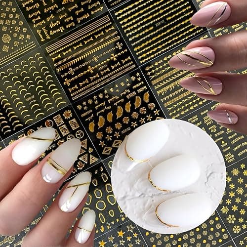 30 Sheets Gold Nail Art Stickers 3D Self-Adhesive Nail Decals Gold Line Star Nail Stickers for Acrylic Nails Gold Leaf Diamond Nail Supplies for Women thumbnail 2