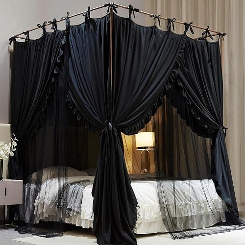 AIOOO 4 Corners Post Princess Curtain Bed Canopy Double Layer Cozy Mosquito Net Mesh and Cloth for Girls Adults Bedroom Decoration (Double-Black/Black, 64" W*82" L*82"*H/(Queen)) - Image 1