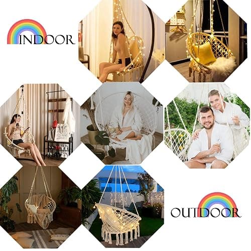 Hanging Chair for Bedroom Hammock Chair Swing with Lights and Hardware Kits Holds Up to 550Lbs Macrame Swing Chair Hanging Cotton Rope Swing Chair for Bedroom, Patio, Deck, Garden and Porch-KASHAN thumbnail 6