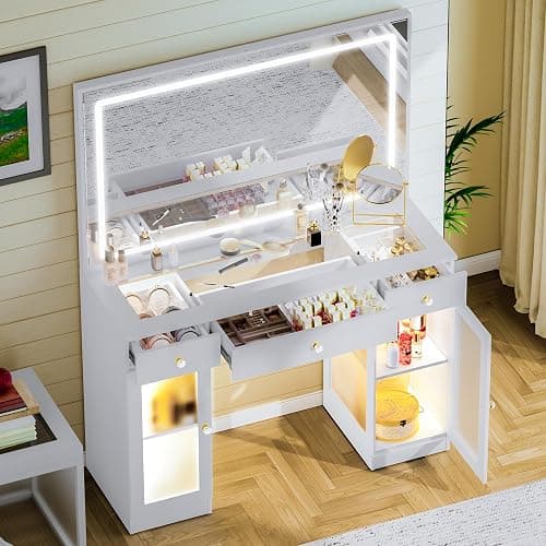 Pamapic Makeup Vanity Desk with Mirror and Lights, LED Light Strip Vanity with Glass Top, Crystal Knobs and Translucent Cabinet Doors, 3 Lighting Modes White Vanity with 3 Drawers thumbnail 7