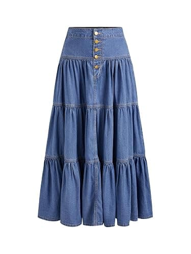 CIDER Women’s Long Jean Denim Tiered Button Down High Waisted Maxi Skirts - Image 1