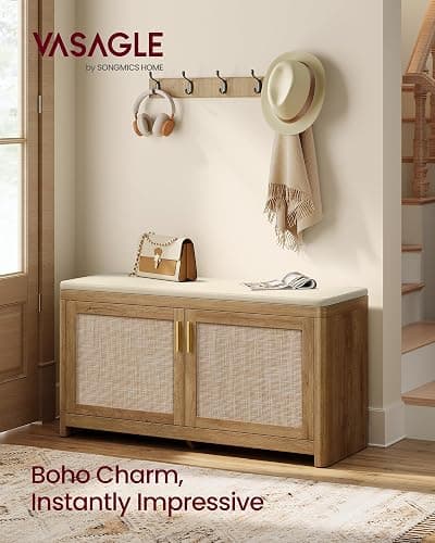 VASAGLE ELLAN Collection - Boho Shoe Bench with Cushion, Entryway Storage Bench with 2 Rattan-Look Cabinet Doors, Rounded Corners, Adjustable Shelf, for Bedroom Under Window, Natural Brown ULSB501KC01 thumbnail 3