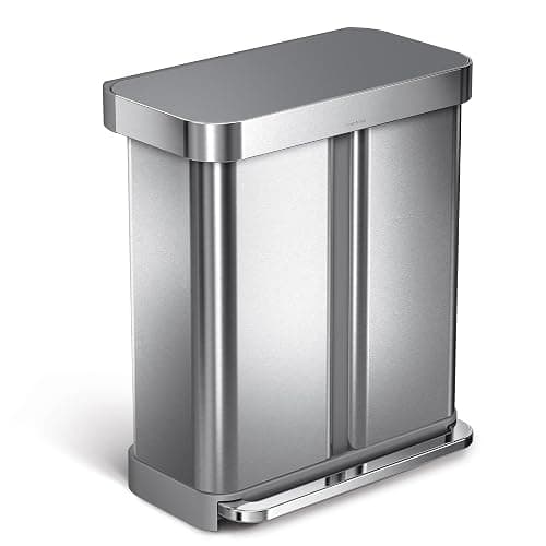 simplehuman 58 Liter / 15.3 Gallon Rectangular Dual Compartment Recycling Step, Brushed Stainless Steel with Soft-Close Plastic Lid Kitchen Trash Can - Image 1