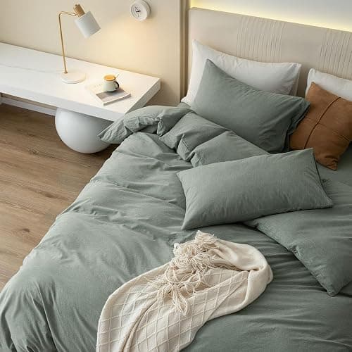 JIYUAN Queen Size Duvet Cover Set, 3-Piece - 100% Washed Cotton, Linen-Like Soft & Breathable with Zipper Closure, Includes 90x90 Inch Cover & 2 Pillowcases, Heathered Green thumbnail 5