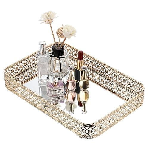 ELLDOO Perfume & Makeup Vanity Tray - Hollow-Carved Jewelry Storage, Glass & Metal Trinket Organizer for Dresser & Bathroom Countertop, Gold, Medium Size - Image 1