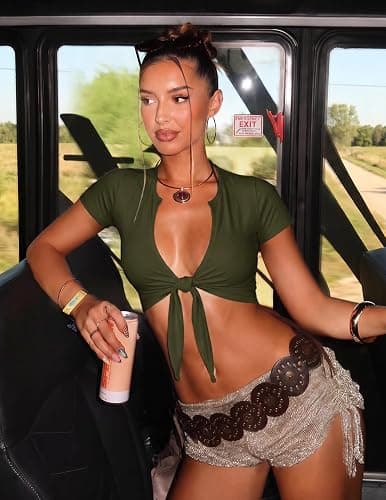 BORIFLORS Women's Sexy Deep V Neck Tie Front Crop Tops | Short Sleeve, Rave Going Out Y2k Club Halloween Top thumbnail 4