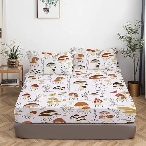 MUSOLEI Mushroom Bedding Set, Full, 3Pc, Deep Pocket, Cottagecore, for Kids, 03, Polyester Microfiber, Breathable, Fade Resistant, 54x75in, Includes Fitted Sheet & 2 Pillowcases thumbnail 3