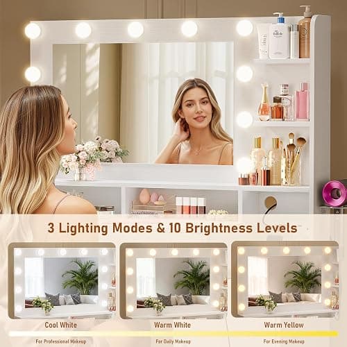 Driftalia Vanity Desk with Mirror and Lights, Makeup Vanity with Storage Drawer, Power Outlet and Large Cabinet for Bedroom - White thumbnail 4