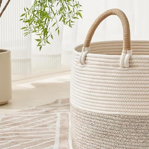 KAKAMAY Large Blanket Basket 20"x13", Cotton Rope Woven Laundry Storage Basket, Baskets for Toy,Stuffed Animal Storage, Dog,Toy Box, Gift Basket for Living Room Nursery Baby Hamper (Beige) thumbnail 2