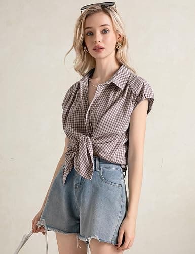 LOMON Womens Button Down Shirts Short Cap Sleeve Summer Cotton V Neck Collared Stripes Blouses Casual Plaid Tops thumbnail 4