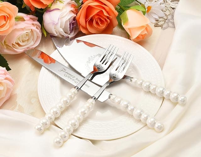 BEKESIN Wedding Cake Knife and Server Set, Ceramic Pearl Handle Cake Cutting Set for Weddings, Engagements, Anniversaries, and Engagement Gifts for Couples thumbnail 2