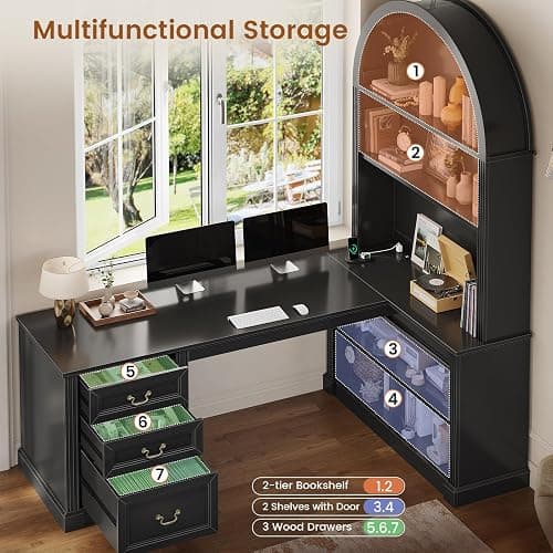 SEDETA 67" L Shaped Desk with Tall Arched Bookshelf & 3 Drawers Storage | Black Mid-Century Office Computer Desk with Hutch Shelves, Corner Executive Desk with Sliding Barn Door for Home Office thumbnail 5