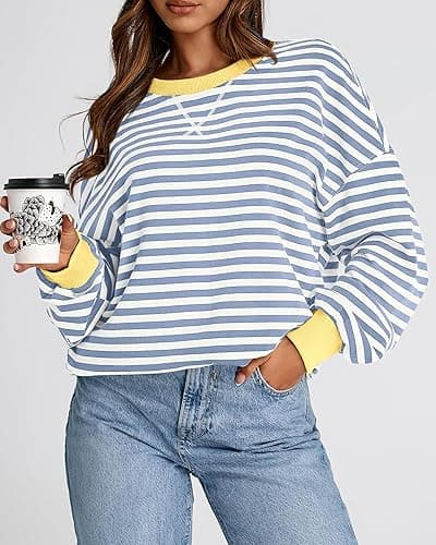 BTFBM Womens Oversized Striped Sweatshirt Crewneck Long Sleeve Pullover Top Casual Y2K Fall Clothes 2025 Workout Shirt - Blue Beige White - Medium thumbnail 5