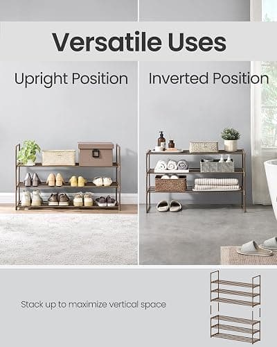 SONGMICS Shoe Rack, 3-Tier Shoe Organizer, Metal Storage Shelf | for Entryway, Upright or Upside Down, for 16-20 Pairs, Stackable, 11.8 x 36.2 x 21.7 Inches, Walnut Brown ULSA303K01 thumbnail 4