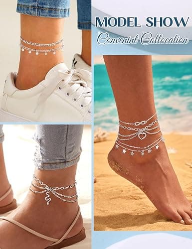 ORAZIO Toe Rings Ankle Bracelets for Women Silver Rose Gold Plated Anklet | Toe Rings Cute Layered Anklets Open Tail Rings Adjustable Non Tarnish Beach Foot Jewelry for Summer thumbnail 5