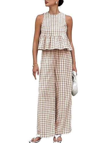 Tanming Women's 2 Piece Set Outfits Gingham Plaid Tank Tops Wide Leg Pants Matching Lounge Sets - Image 1