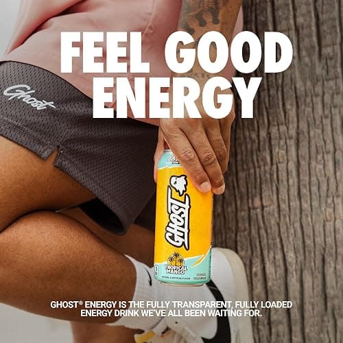 GHOST Energy Drink - 12-Pack, Tropical Mango, 16oz Cans - Energy & Focus & No Artificial Colors - 200mg of Natural Caffeine, L-Carnitine & Taurine - Gluten-Free & Vegan thumbnail 2