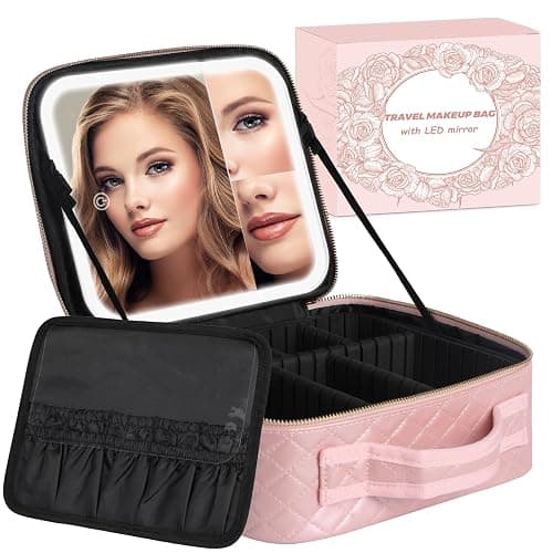 MAYFIY Makeup Bag with LED Lighted Mirror| Portable Makeup Organizer Train Case with 2X/3X Magnification & 3 Color Lights for Precision, Adjustable Brightness| Elegant Gift Packaging, Pink - Image 1