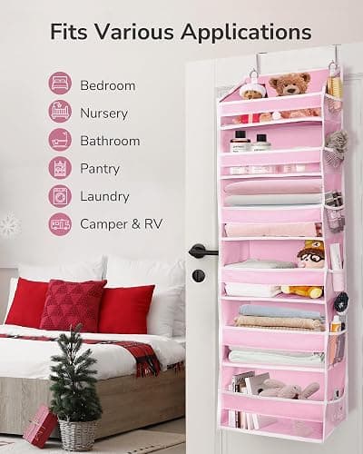 ULG Over The Door Organizer with 6 Large Pockets 12 Side Pockets, 50lbs Weight Capacity Door Hanging Storage Organizer for Bedroom, Bathroom, Pantry, Nursery Storage, Pink thumbnail 2