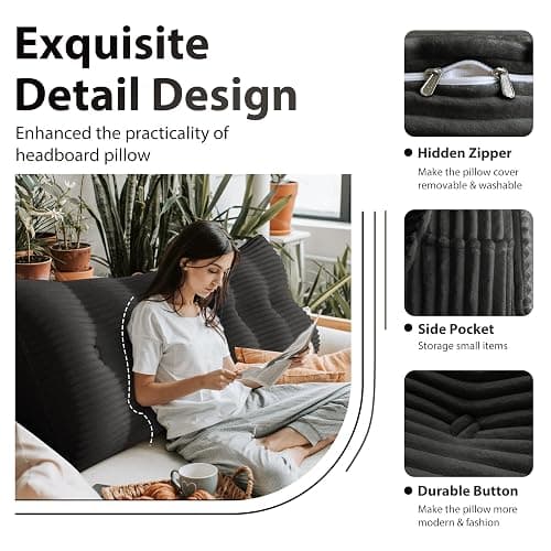 homecozy Wedge Headboard Pillow Dorm Room Reading Pillow Back Support for Sitting Up in Bed Bolster Lumbar Cushion Body Positioning Bedrest Corduroy (Black, Twin (39 * 8 * 20in)) thumbnail 6